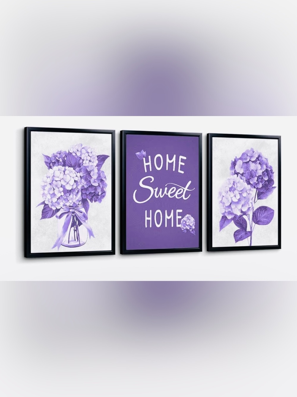 Purple Hydrangea Canvas Wall Art 3-Piece Set, Home Sweet Home Framed Picture NIB